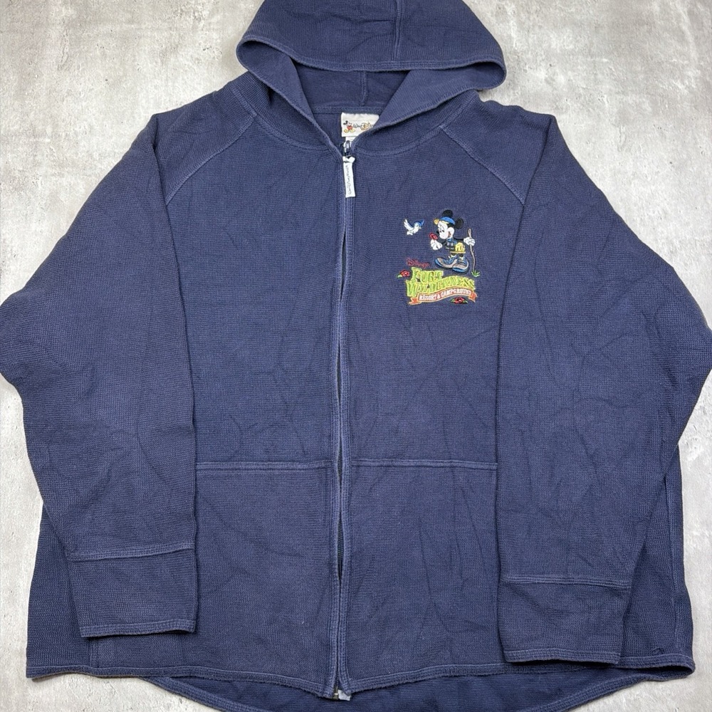 VTG Disney Mickey Mouse Fort Wilderness Hoodie XXL Blue Full Zip Waffle Knit